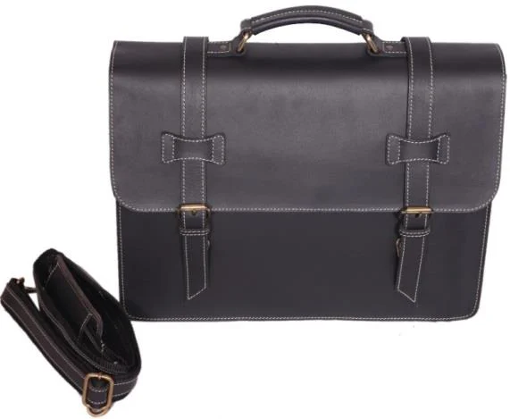 Black leather laptop messenger — style WC-0049