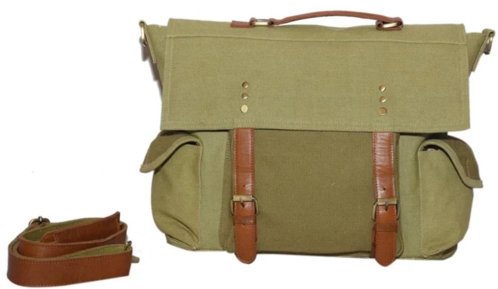 Green / Tan leather laptop messenger — style WC-0086