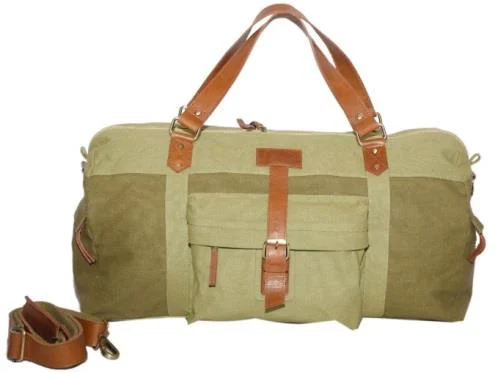 Green / Tan leather weekender duffel — style WC-0088