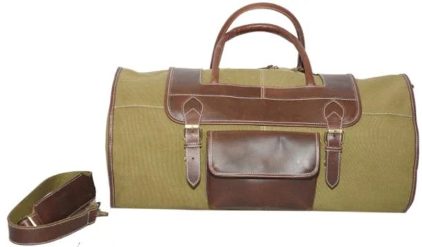 Green / Brown leather weekender duffel — style WC-0089