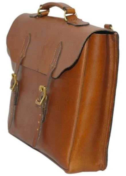 Tan leather laptop messenger — style WC-0091